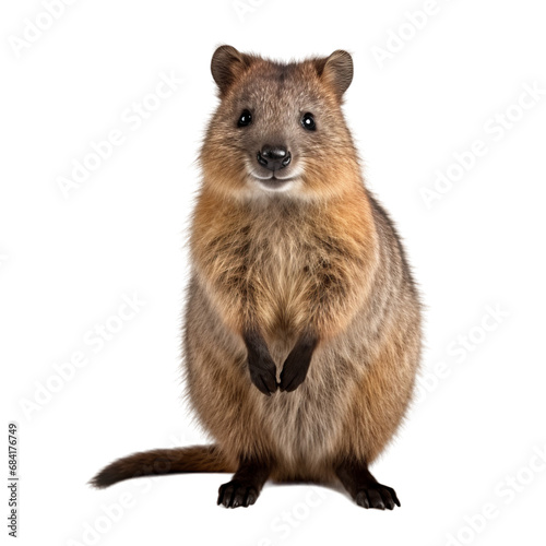 A cute smiling quokka looking at the camera, isolated on transparent background, PNG file. Front view of ustralian quokka full body