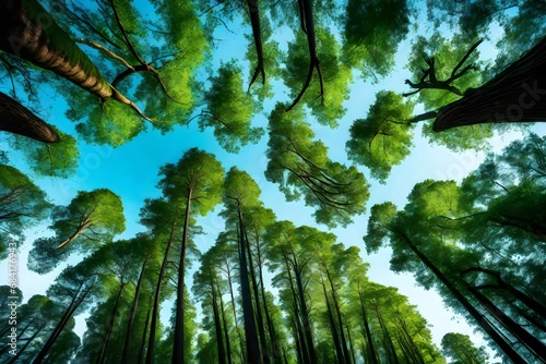 trees in forest from below green tops of trees blue sky background -