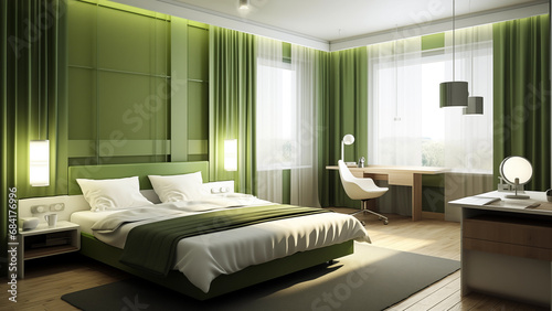 Photo of a hotel bedroom decorated in neat green colors with bright sunlight streaming in