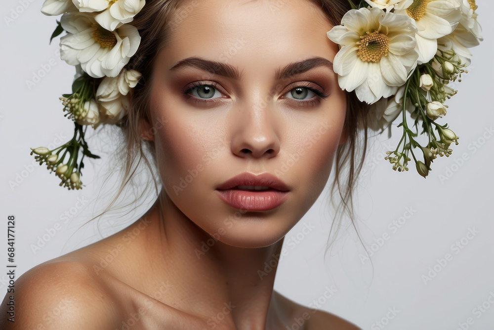 close-up portrait of a girl with flowers decorating her head and hair. women holiday. White background