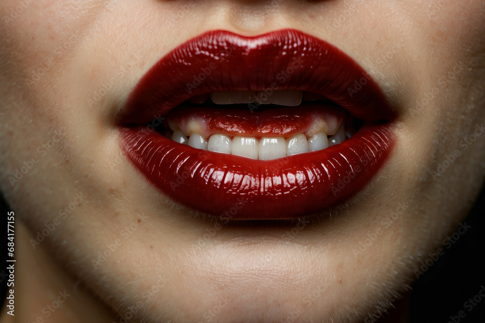 Fototapeta premium Woman, mouth close-up Diseases and viruses, allergies, enlarged, swollen, tongue ulcer