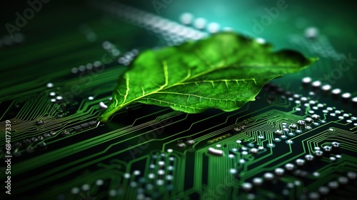 Green leaf on computer circuit board, eco-friendly technology, sustainable computing, environment conservation