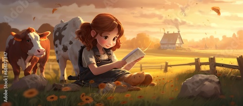 A girl paints an illustration of a cow cartoon character photo