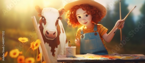 A girl paints an illustration of a cow cartoon character © dheograft