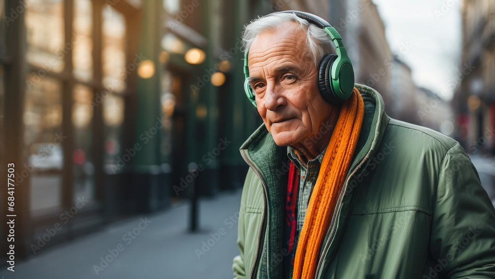 adult man with headphones on the background city. An elderly sad man listens to music. fashion grandpa bright fashionable colors. The concept listening music on audio media. banner adult man with headphones on the background city. An elderly sad man listens to music. fashion grandpa bright fashionable colors. The concept listening music on audio media. banner