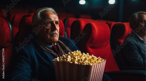 an adult man in a movie theater. Cinema with popcorn. An elderly sad man is watching a drama. fashion grandfather. banner