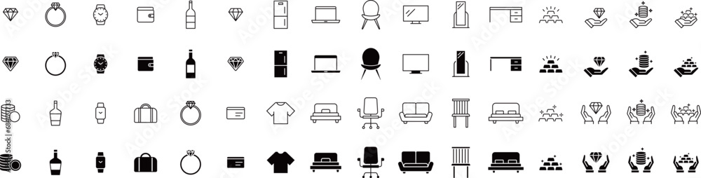 宝石やブランド物の線画とシルエットアイコンセット