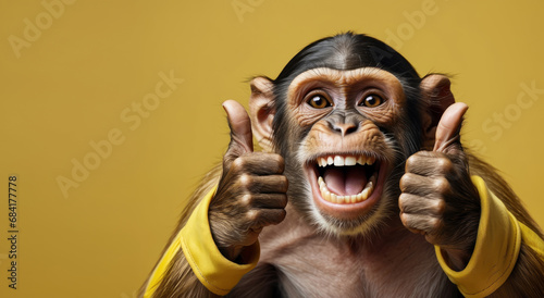 Fototapeta Fashion monkey smiles and shows thumbs up to appreciate good work or product. Wide banner with copy space. OK gesture, close-up Portrait on a yellow background