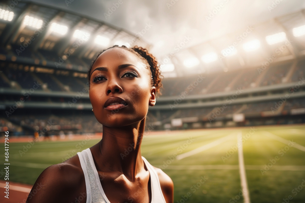 Afro american woman athlete on the background of the stadium. The girl is a professional running training. The girl is a football fan. Tennis player. Olympic Games banner. portrait close-up