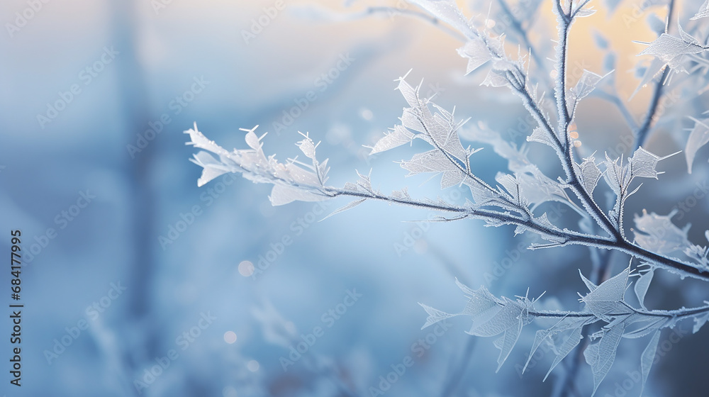 Close-up of Frost-Covered Tree Branches and Twigs in a Winter Garden with a Blurred Background
