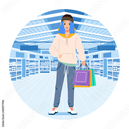Young happiness joyful shopaholic stylish fashionable woman at retail mall store carrying shopping bags