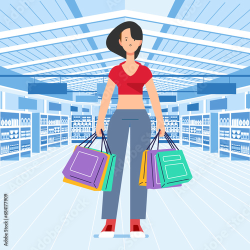 Young happiness joyful shopaholic stylish fashionable woman at retail mall store carrying shopping bags