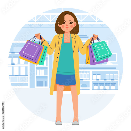 Young happiness joyful shopaholic stylish fashionable woman at retail mall store carrying shopping bags