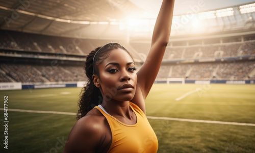 Afro american woman athlete on the background of the stadium. The girl is a professional running training. The girl is a football fan. Tennis player win. Olympic Games banner