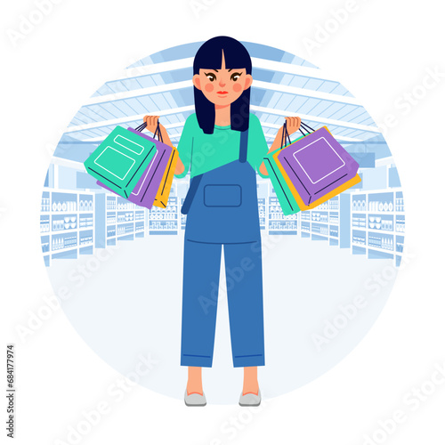 Young happiness joyful shopaholic stylish fashionable woman at retail mall store carrying shopping bags