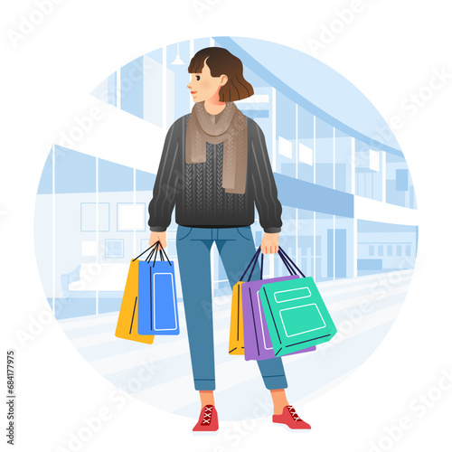 Young happiness joyful shopaholic stylish fashionable woman at retail mall store carrying shopping bags