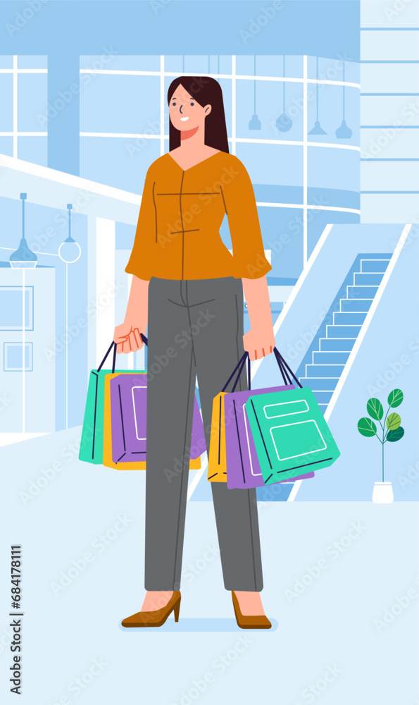Young happiness joyful shopaholic stylish fashionable woman at retail mall store carrying shopping bags Young happiness joyful shopaholic stylish fashionable woman at retail mall store carrying shopping bags