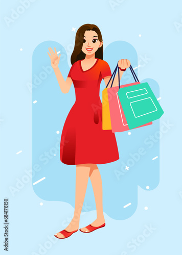 Young happiness joyful shopaholic stylish fashionable woman at retail mall store carrying shopping bags