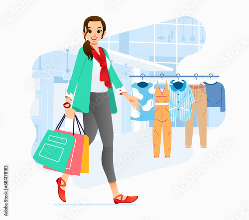 Young happiness joyful shopaholic stylish fashionable woman at retail mall store carrying shopping bags