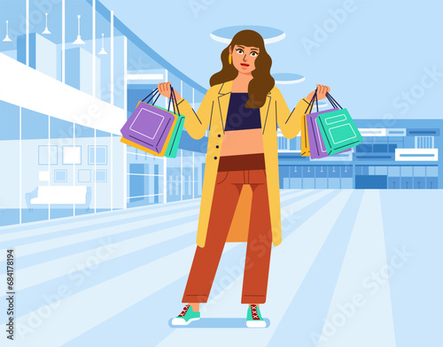 Young happiness joyful shopaholic stylish fashionable woman at retail mall store carrying shopping bags