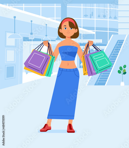 Young happiness joyful shopaholic stylish fashionable woman at retail mall store carrying shopping bags