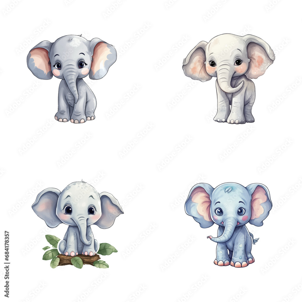 set of cute elephant watercolor illustrations for printing on baby clothes, sticker, postcards, baby showers, apps, games and books, Safari jungle animals vector