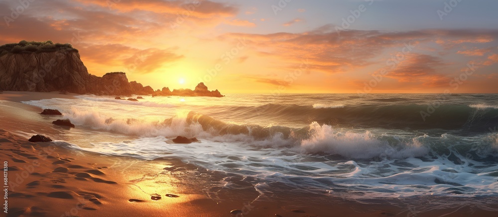 Sunset on the sea.Summer tropical beach with sun mountains and islands. Seaside landscape, nature vacation, ocean or sea seashore.