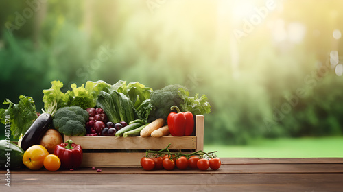 a wooden box with fresh organic food on a wooden table against green background