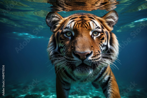 closeup wide angle underwater photo upshot of a tiger underwater. cute  funny animal swims.