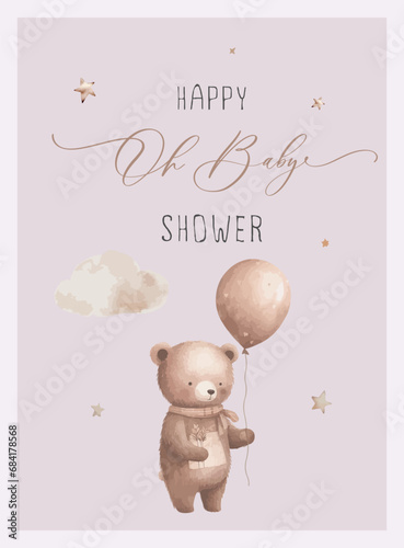 Baby shower vector card design. Watercolor bear with stars and balloon, modern brush calligraphy phrases - oh baby, hello baby. Invitation, greeting card, poster. photo