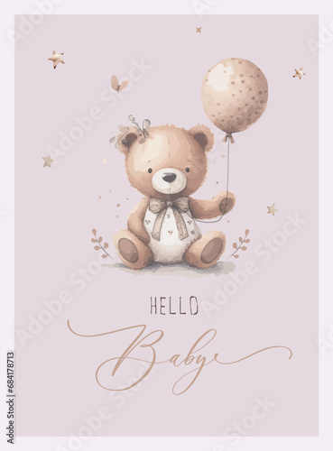 Baby shower vector card design. Watercolor bear with stars and balloon, modern brush calligraphy phrases - oh baby, hello baby. Invitation, greeting card, poster.