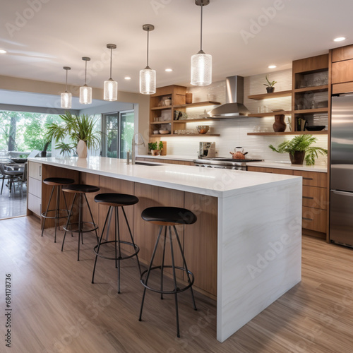redesign this kitchen as organic modern with a peninsula island, Modern kitchen interior design, table and chairs, white walls photo