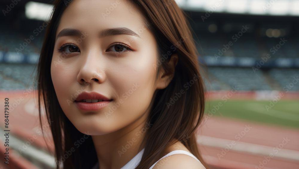 Asian woman athlete on the background of the stadium. The girl is a professional running training. the Olympic Games banner. portrait close-up