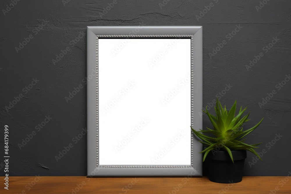 Gray picture frame on gray wall background. Empty space for image. A green flower in a vase next to the frame. Minimalist interior decoration concept. Gray picture frame on gray wall background. Empty space for image. A green flower in a vase next to the frame. Minimalist interior decoration concept.