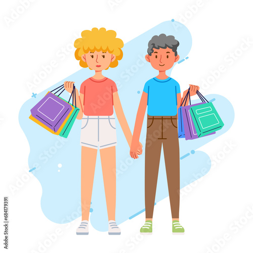 Happiness joyful shopaholic stylish fashionable couple at retail mall store carrying shopping bags