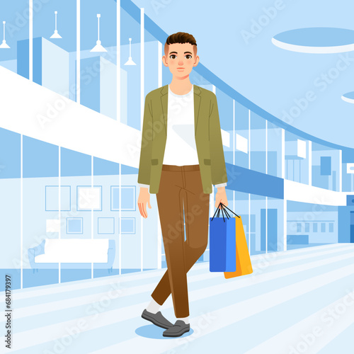 Young happiness joyful shopaholic stylish fashionable man at retail mall store carrying shopping bags
