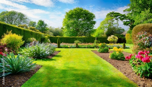 english style garden with scenic view of freshly mowed lawn flower bed and leafy trees #684179765