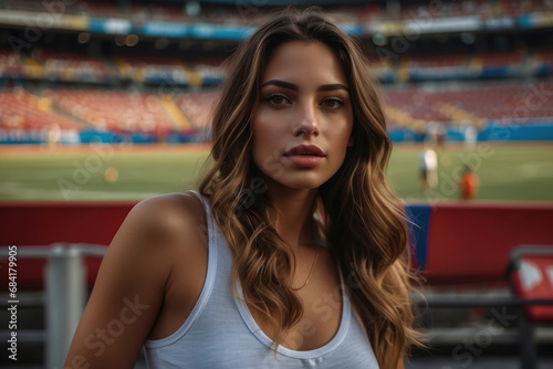 american woman athlete on the background of the stadium. The girl is a professional running training. The girl is a football fan. Tennis player. Olympic Games banner. portrait close-up