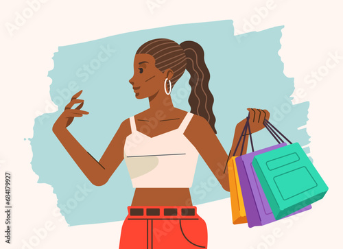Young happiness joyful shopaholic stylish fashionable woman at retail mall store carrying shopping bags