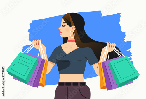 Young happiness joyful shopaholic stylish fashionable woman at retail mall store carrying shopping bags