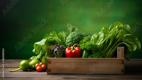 a wooden box with fresh organic food on a wooden table against green background