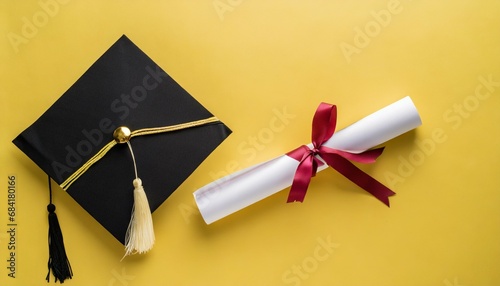 top view of graduation mortarboard and diploma on yellow background education concept