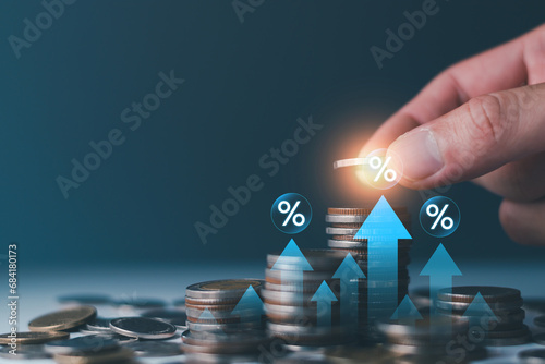 Interest rate increase concept. Businessman show percentage and up arrow investment, Interest rate increase, business hike growth, stocks, mutual fund, high exchange rate. Long term investment