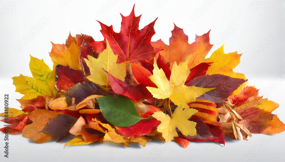 pile of autumn colored leaves isolated on white background a heap of different maple dry leaf red and colorful foliage colors in the fall season
