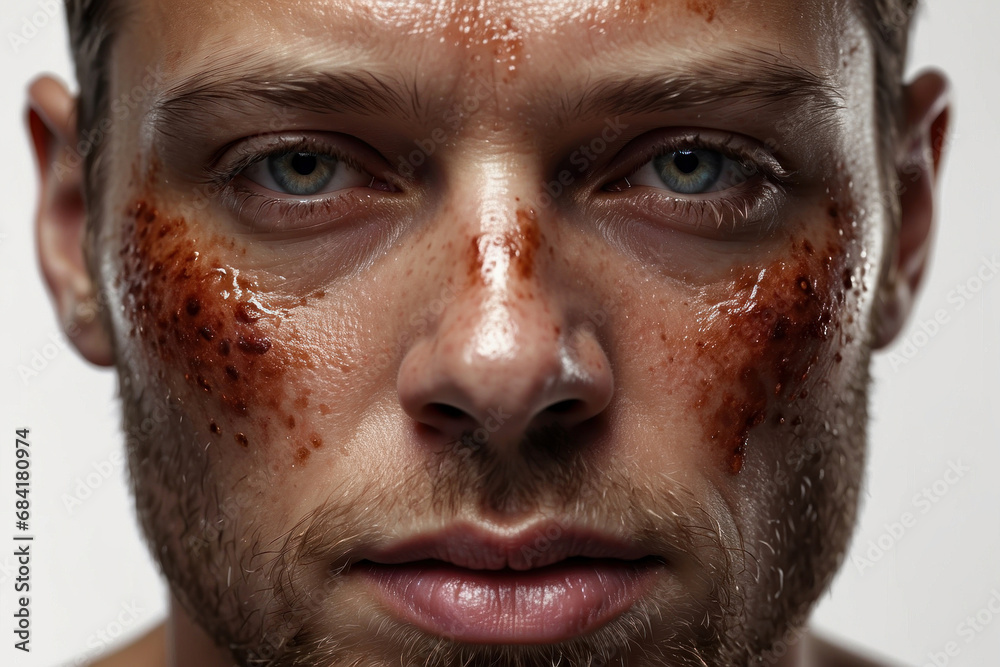 A man with scars and burns on his face. close-up portrait on a white background. after a fire with a burning face and abrasions.