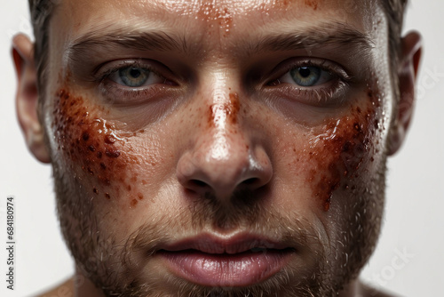 Obraz na płótnie A man with scars and burns on his face. close-up portrait on a white background. after a fire with a burning face and abrasions. w salonie