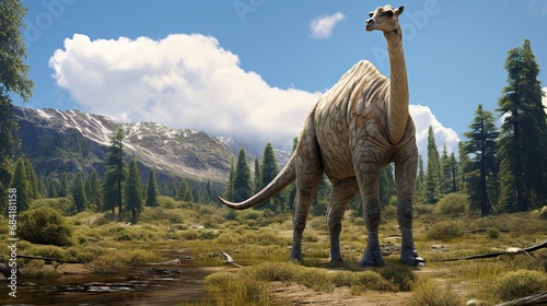 Big alamosaurus with a long neck. Herbivorous dinosaur sauropod of the Jurassic period. © dheograft