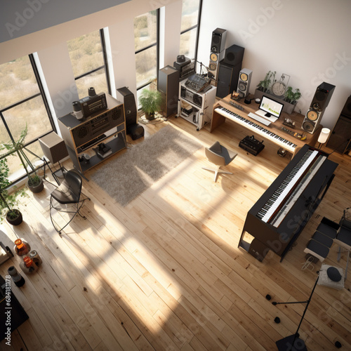 Piano room, music room interior design, guitar, living room, White walls, wooden floor 
