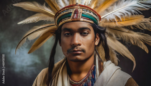 a native portrait of a south american indian chief with war paint on his face and a feather headdress