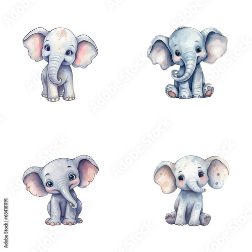 set of cute elephant watercolor illustrations for printing on baby clothes, sticker, postcards, baby showers, apps, games and books, Safari jungle animals vector